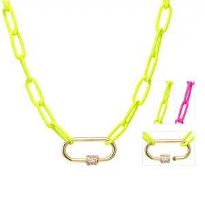 Bauble Sky Stone Paved Carabiner Lock Necklace - Bold Color, Customizable Charms, Neon Paperclip Chain, Trendy Design