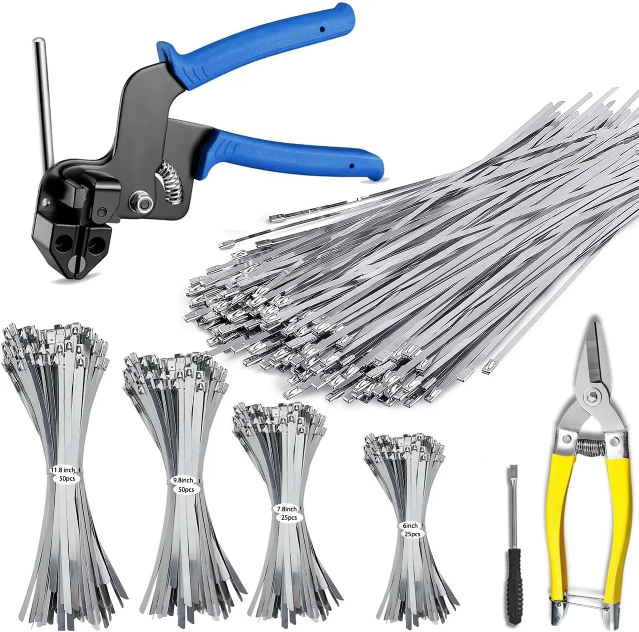 Durable 304 Stainless Steel Cable Tie Gun Set - 150 Metal Zip Ties (4 Sizes), Tool for Tensioning And Cutting for Fencing, Chicken Coops, Bundling Cables, Exhaust Repairs, And Structural Support