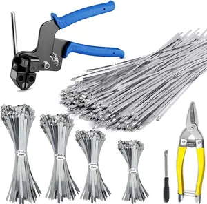 Durable 304 Stainless Steel Cable Tie Gun Set - 150 Metal Zip Ties (4 Sizes), Tool for Tensioning And Cutting for Fencing, Chicken Coops, Bundling Cables, Exhaust Repairs, And Structural Support