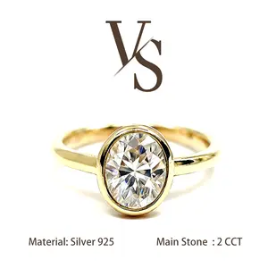 [Venus Jewelry] Synthetic Moissanite 2 CCT Oval Shape Bezel Design VVS 1 D Color Solid Silver 925 Solitare Ring