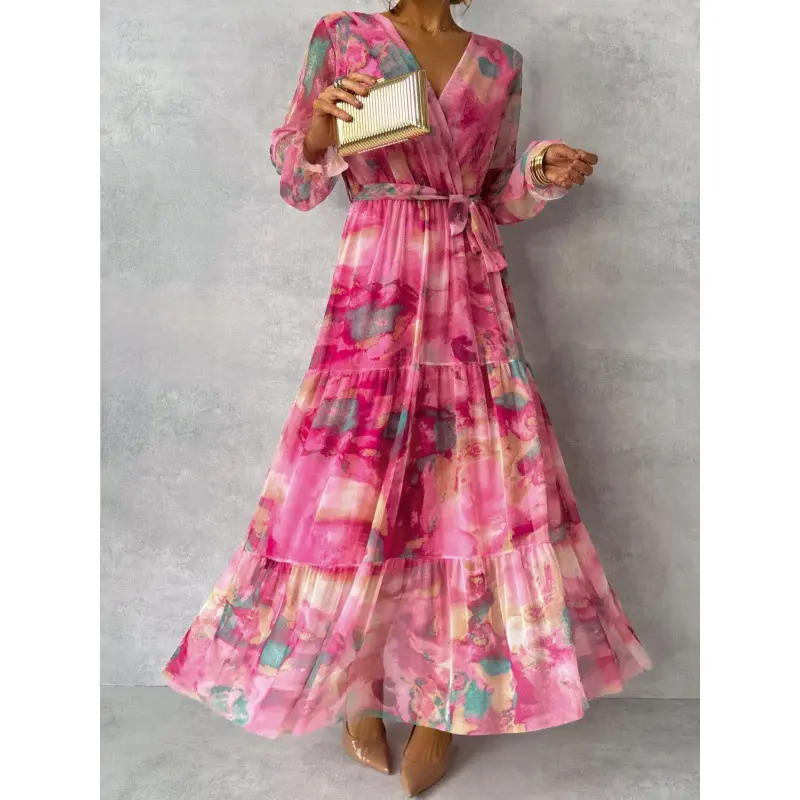 Temperament, elegant and intellectual style lace-up spliced ​​wide swing chiffon dress