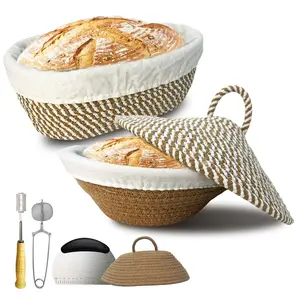 Sourdough Banneton Bread Proofing Basket, Cotton Rope Sourdough Bowl, Oval Bread Banneton Basket, Sourdough Kit, Sour Dough Kit, Proofing Baskets For Sourdough Bread Baking with Lid Lame Scraper