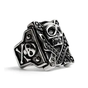 Tattoo Style Anti-Rust Steel Ring, Skull Seal Design with Stainless Steel Studs, Size 10, Anti-Rust Steel Rings, Steel Rings
