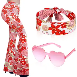 3 Pcs 60s 70s Outfit for Women Hippie Costume Set Disco Flared Pants Groovy Outfit Party Accessories Clothes Womenswear Dress Floral Headband Matching