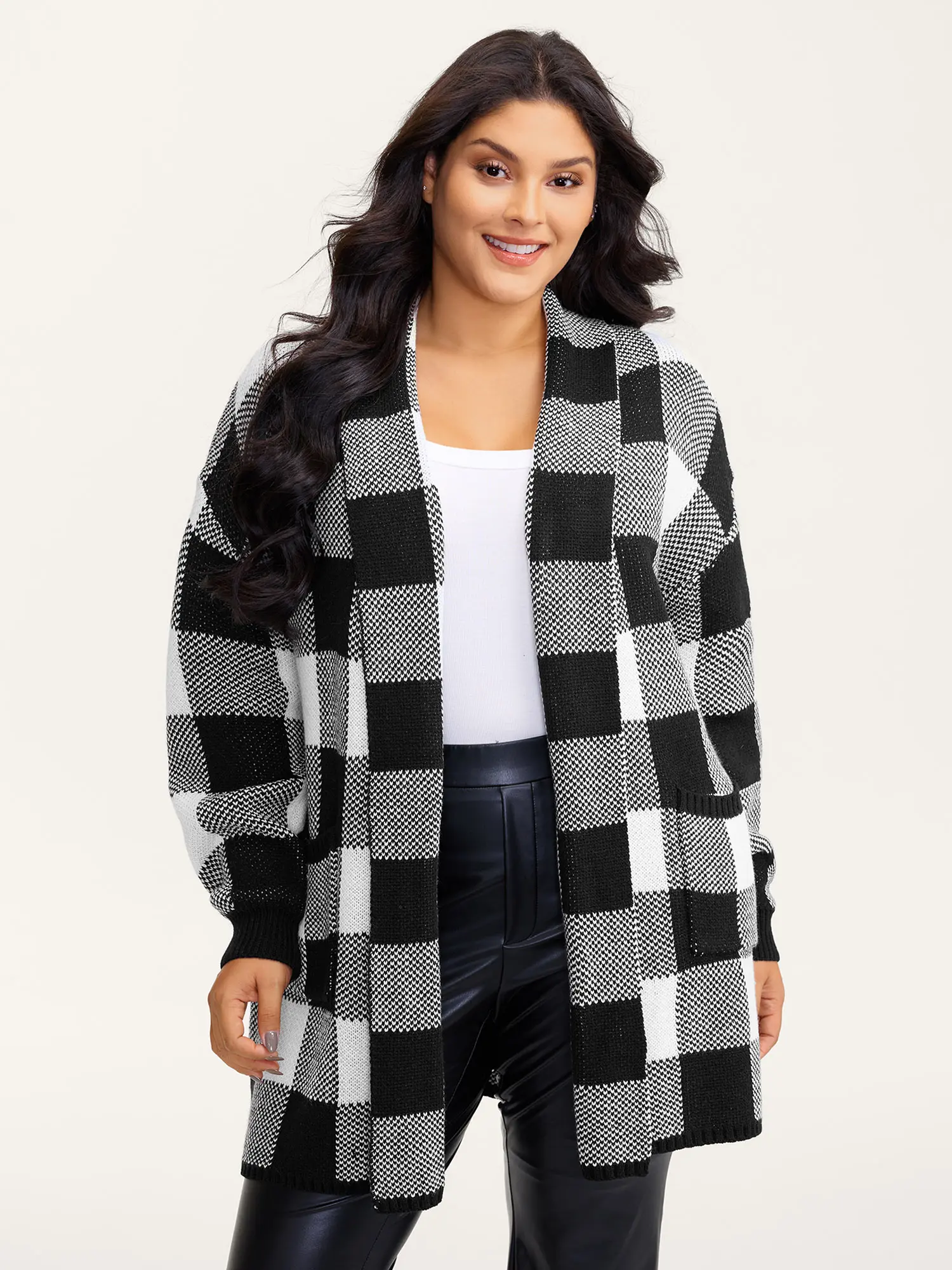【 Pocket Approved 】 Bloomchic Checkered Jacquard Folded Collar Knit Cardigan Long Sleeve Kimono Collar Plaid Print Fitted Tunic Knitwear with Patch Pocket for Women Womenswear Tops, Knitting, Lady Tops,Summerfinds Tops