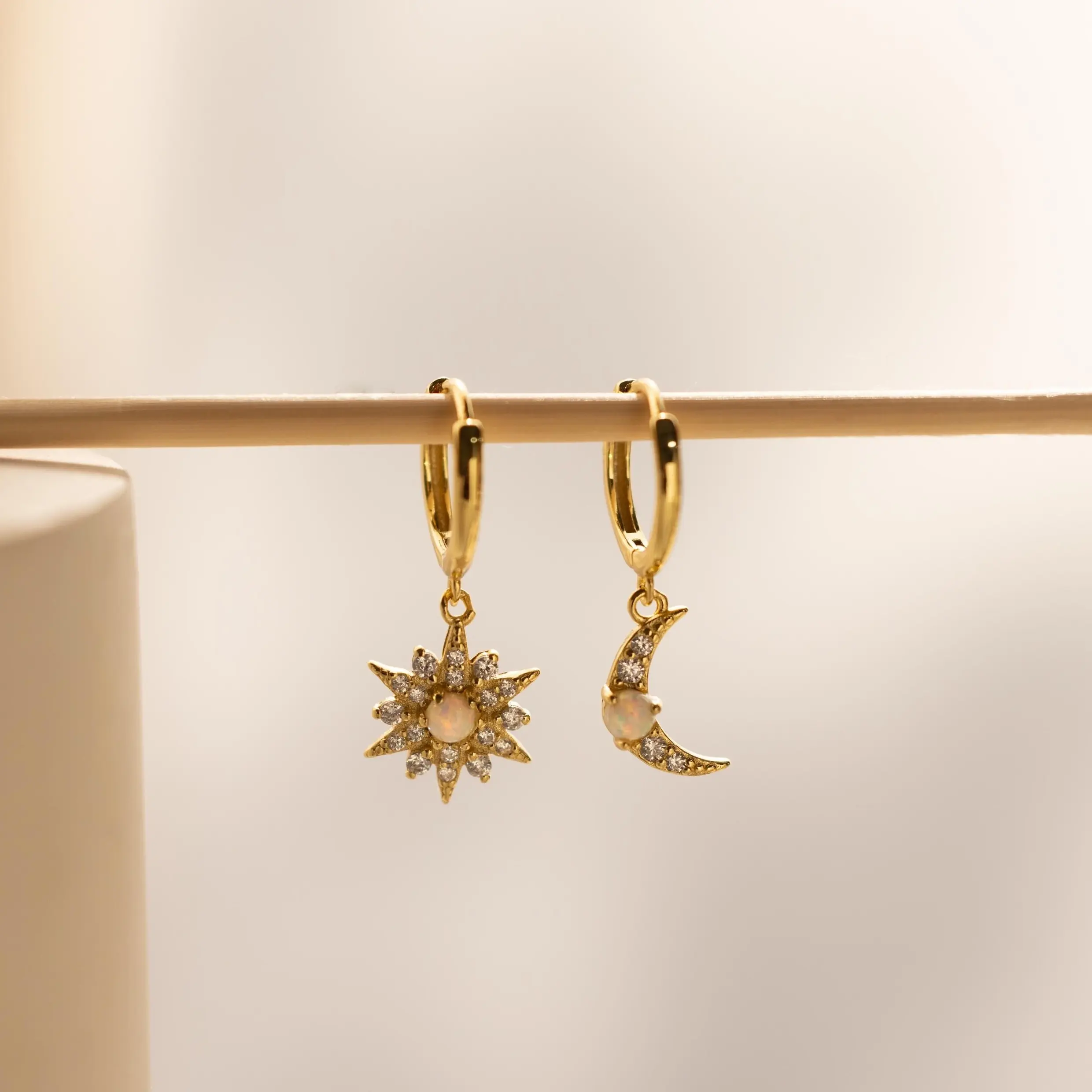 Opal Sun & Moon Huggies by Caitlyn Minimalist - Celestial Diamond Charm Earrings - Star Jewelry - Gift for Her