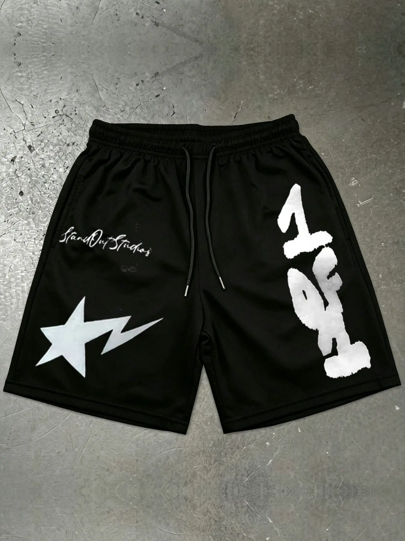 1 PCS Black Mesh Shorts, "Stand Out Studios 1 OF 1" Star Lightning Graphic Print, Y2K Streetwear, Breathable Drawstring Athletic Shorts, Ideal for Gym, Casual Wear & Urban Fashion Fans