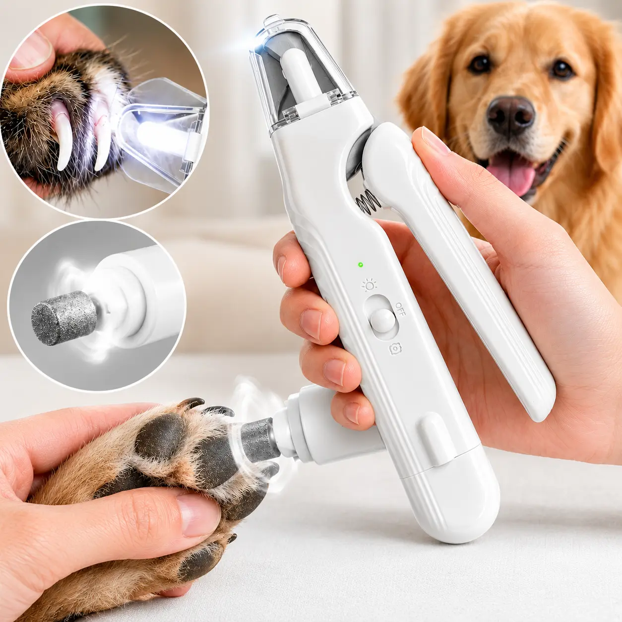 2-in-1 LED Stainless Steel & ABS Dog Nail Clipper & Grinder Combo, Universal Pet Claw Care Tool, Safe Paw Trimmer, Quiet Low-Vibration, Sharp Blades, USB Rechargeable Grooming Tool with Polishing for Dogs & Cats Home Use, Led Lights