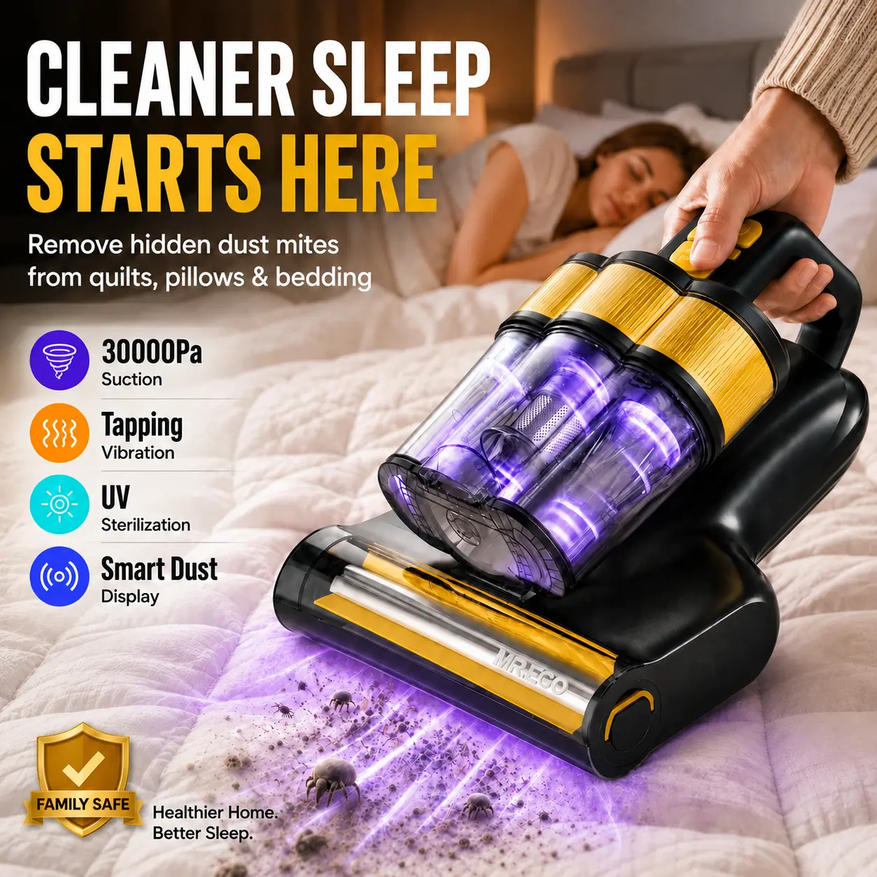 MR.EGO Cordless Mattress Vacuum Cleaner - 16000PA Powerful Suction, UV-C Light, Intelligent LED Display, Auto Shutoff, 5-Layer Filter, No Outlet Hunt, for Indoor Mattresses & Upholstery Deep Cleaning