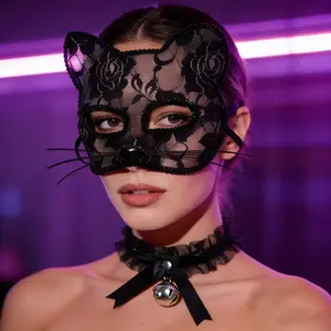 Gothic Cat Face Mask & Bell Collar Chain Set, Lace Lingerie with Rose Patterns, Sexy Halloween Costume Accessories