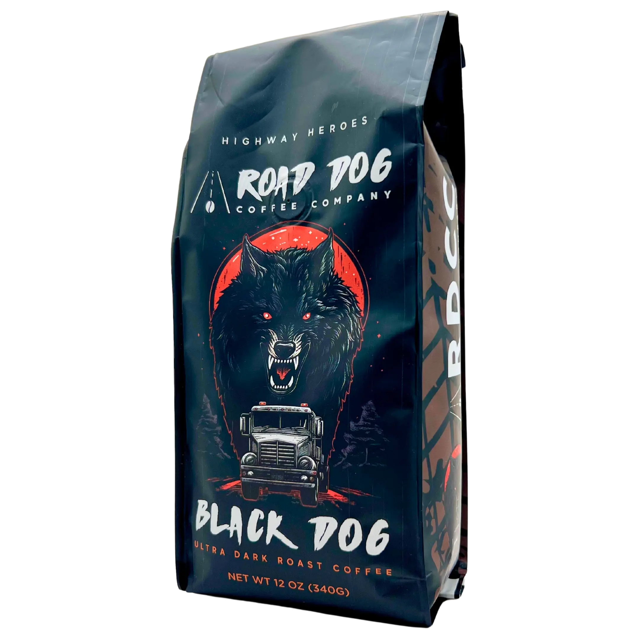Road Dog Coffee Company, Black Dog, Ultra Dark Roast Coffee, High Caffeine Blend, Ground 12 oz Bag.