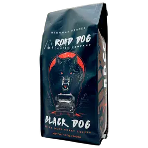Road Dog Coffee Company, Black Dog, Ultra Dark Roast Coffee, High Caffeine Blend, Ground 12 oz Bag.