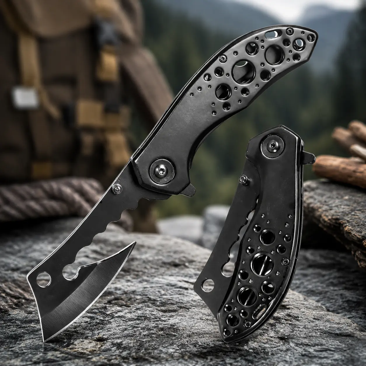 Mini Cleaver Folding Pocket Knife, All-Black Steel Blade with Frame Lock and Pocket Clip - Compact Bushcrafting and Whittling Gear for Men, Adults, Peeling, Flipper, Rugged, Survival Gear, Durable Outdoor Tool, Edc Camping Tool, Multi Use Knives, Outdoor,