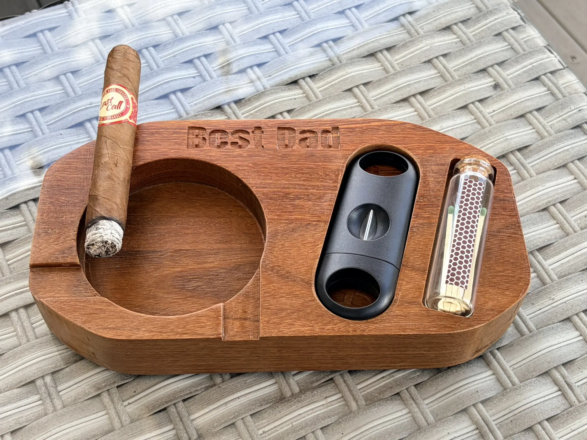 Luxury Cigar Ashtray Gift Set for Dad, Handmade American Oak & Brazilian Ipe. Cutter and Matches Included, Fathers Day Gift