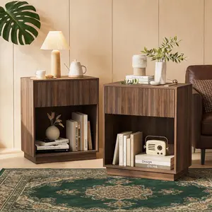 Set of 2 modern bedside tables with storage drawer and open wood shelf, mid-century wood end table for bedroom, living room, sofa/couch, office, walnut brown