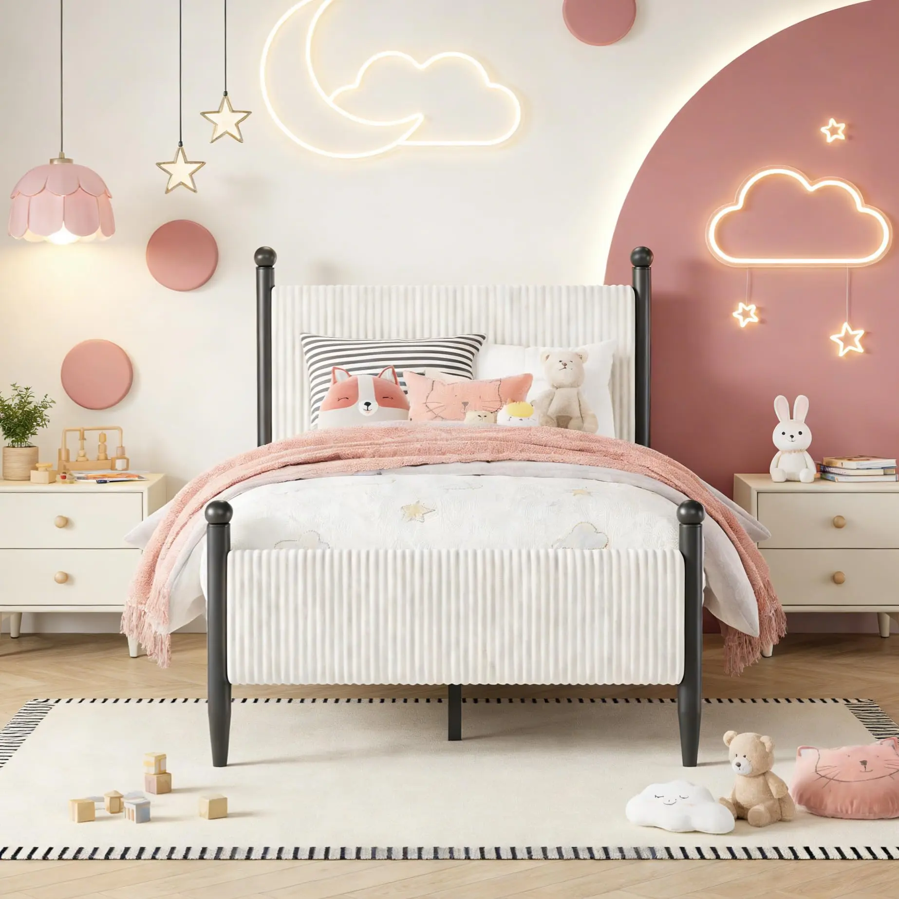 Garvee - Single Size Bed Frame with Vertical Stripe Headboard, Upholstered Corduroy Bed Frame with Classic Metal Legs, No Box Spring Needed, Easy Assembly, White Color