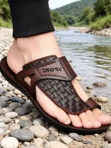 Men's Summer Sandals Letter Print Decorative Straw Texture Casual Fashion Anti-Slip Thin Sole Beach Shoes