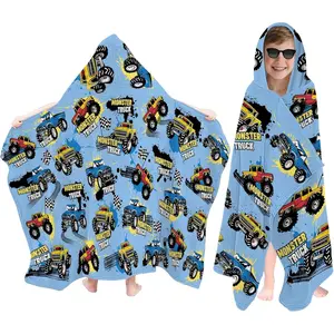 SQ-NG022 Truck Hooded Beach Towel for Kids, Monster Hooded Towels for Toddlers 30" X 50", Kids Beach Towels for Pool, Travel, Swim, Cars Wearable Bath Towel for Boys, Teens