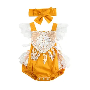 Newborn Baby Girl Clothes Infant Lace Romper Ruffle Sleeve Backless Jumpsuit Bodysuit with Headband Summer Outfits