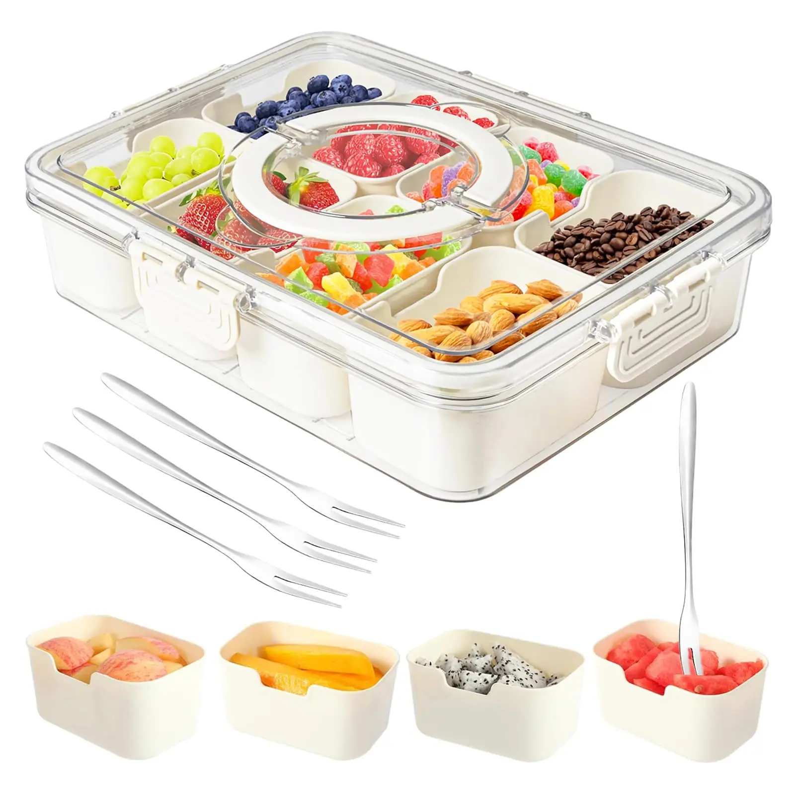 Snackle Box Container,Portable Snack Box 8 Compartment Divided Serving Tray with Lid,Clear Storage Organizer for Fruit Candy Nuts Veggie-Perfect for Road Travel Party (1 Pack-8 Compartments)