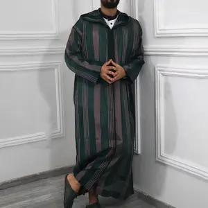 Shop loose plus size men's hooded long style striped printed Muslim robe ethnic style
