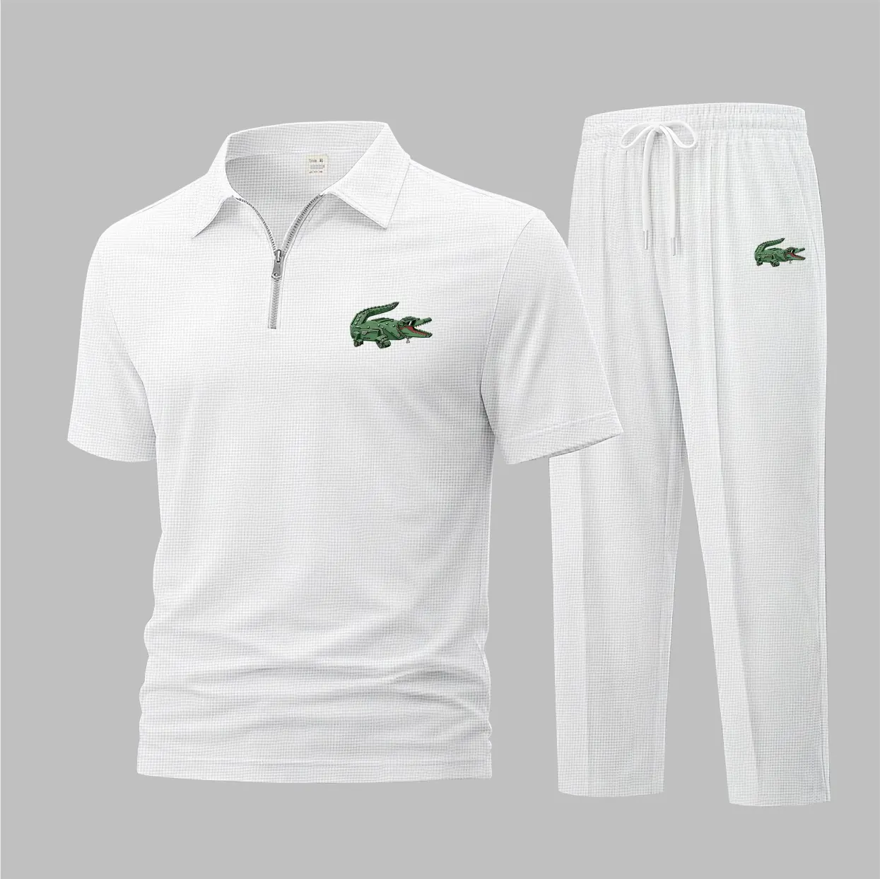Men's Mechanical Crocodile Print Waffle-Knit Polo Shirt Set, Short-Sleeve Zip-Up Collar Top with Matching Athletic Trousers, Casual Sportswear Outfit