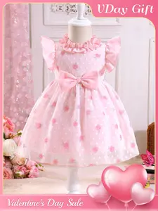 Sweet baby girl dress with little puff sleeves and bow tie, Valentine's Day outfit, cute pink dress for baby girl, suitable for going out, party photo shoot, Toddler outfit