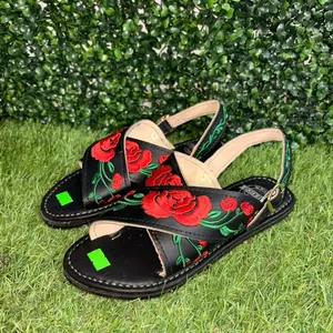 Crossed Mexican Huaraches Sandals with Red Rose Embroidery and Adjustable Straps for Comfortable Wear