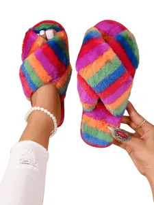 Women's Rainbow Stripe Pattern Plush Slippers, Casual Soft Comfortable Home Slippers, Warm Slippers for Indoor & Outdoor Use for Fall & Winter