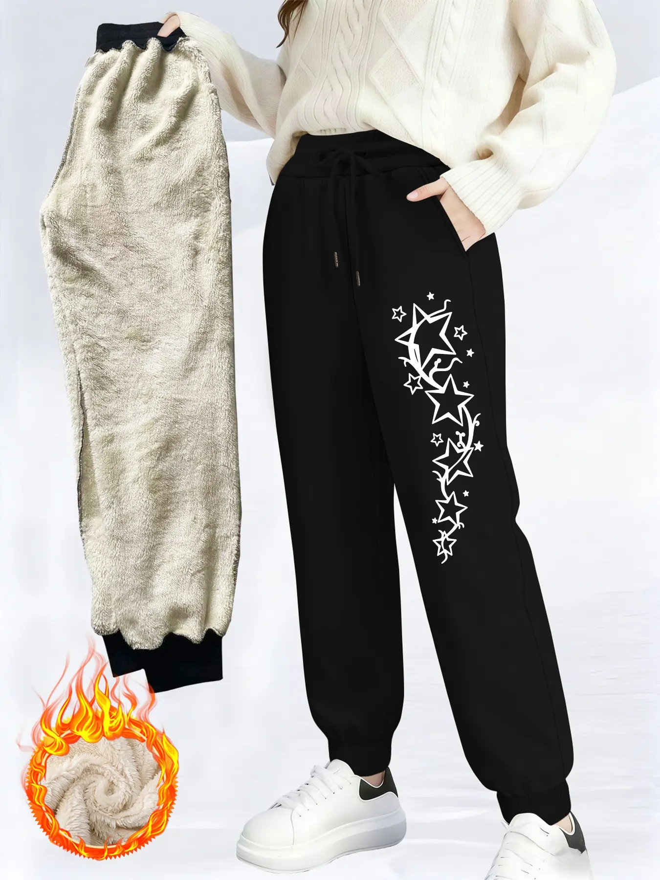 Women's Fleece Lined Long Pants, Star Print Drawstring Waist, Casual Warm Winter Trousers, Plain Lamb Fur Sweatpants