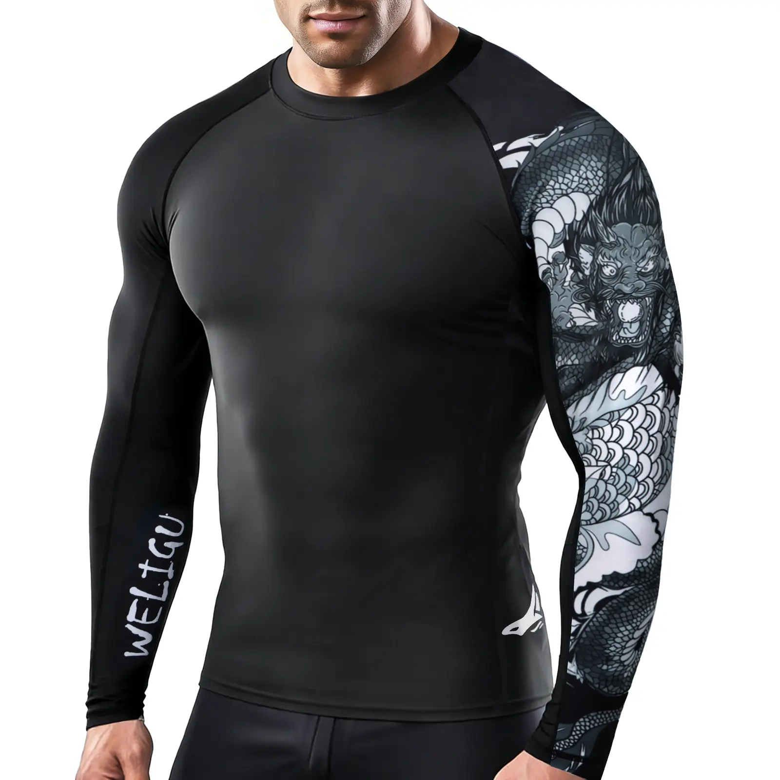 WELIGU Men's UPF 50+ One-Sleeve Compression Rash Guard, Quick-Dry Athletic Swim Top for BJJ, MMA, Surfing, Gym, Fishing, and Water Sports