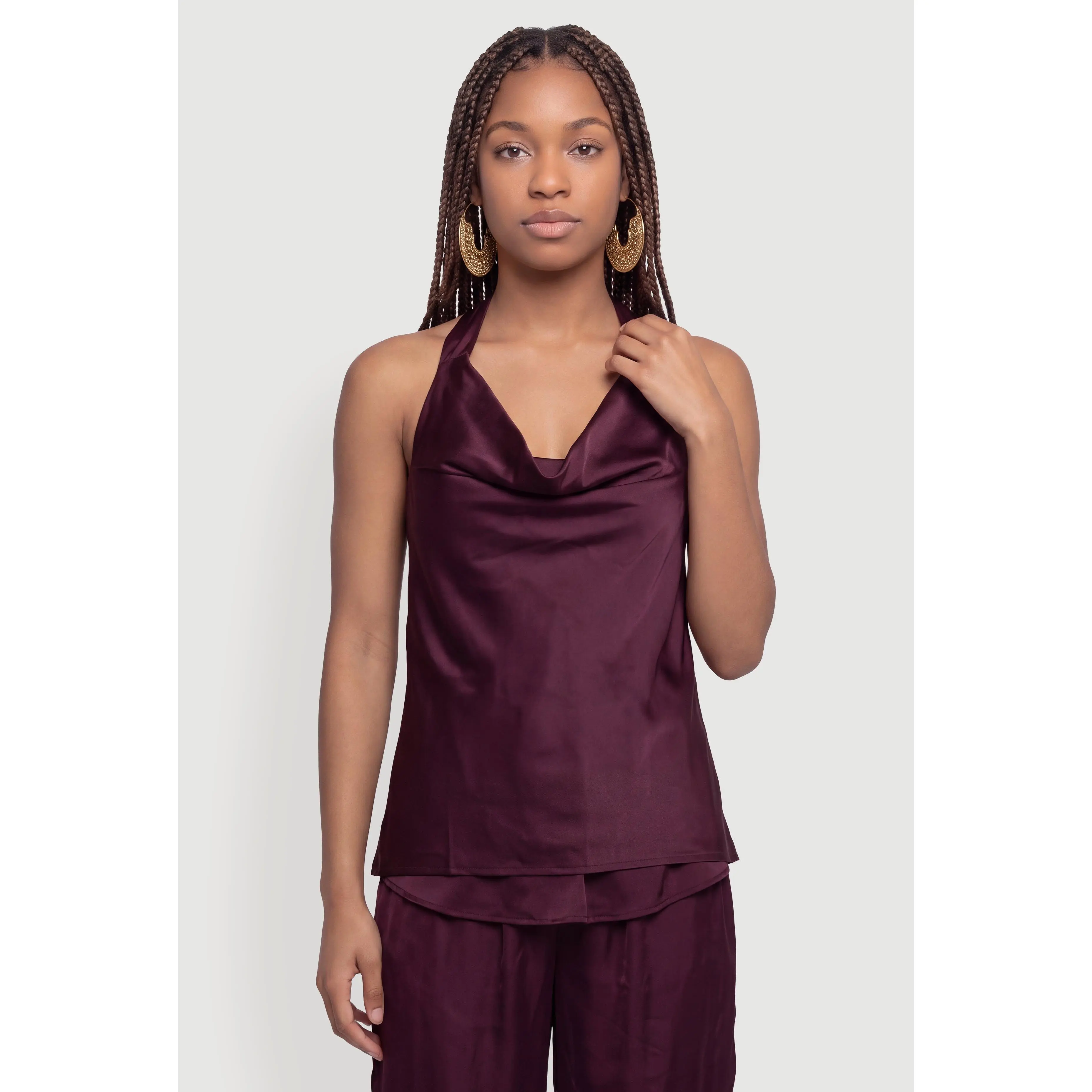 Satin Tie Back Cowl Neck Halter Top