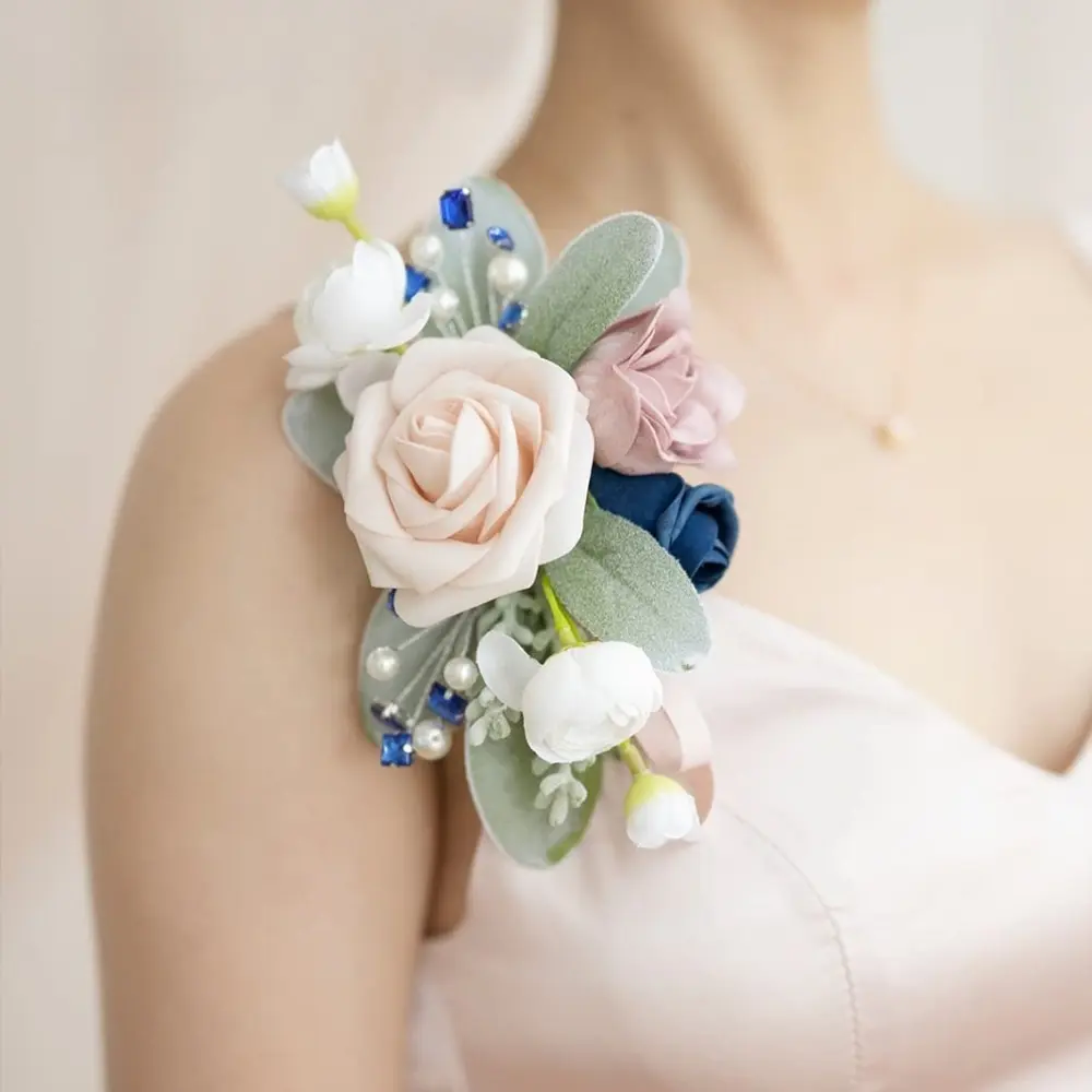 Dusty Rose & White Artificial Corsage Set (2-Piece), Wedding Shoulder Flowers, Prom Wristlet Decor, Homecoming Props, Decorative Floral Accessory
