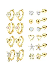 10 Pairs Hypoallergenic Screw Back Earrings for Girls Women - Surgical Steel 14K Gold Silver Plated Cute Toddler Little Girl Kids Earrings for Sensitive Ears Heart CZ Flower Stud Hoop Earring Sets mom gifts for mothers day Earrings Jewelry