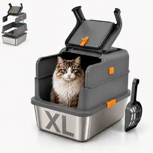 SNUGSPOT XL Stainless Steel Cat Litter Box with Lid - Enclosed Large Litter Box for Big Cats & Multi-Cat, Front Entry & Top Entry, Foldable Flip Cover, with Scoop, Carbon Filter & Litter Tracking Step