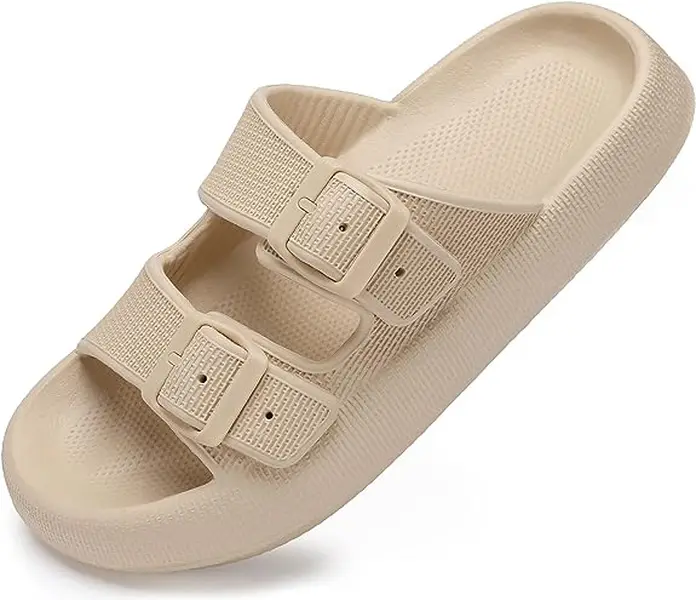 Women's Pillow-Soft Flat Sole Guest Slippers - Adjustable 2-Strap Slide Open-Toe Flip Flops, Casual Slide Look Easy Vibe Indoor Footwear for Women