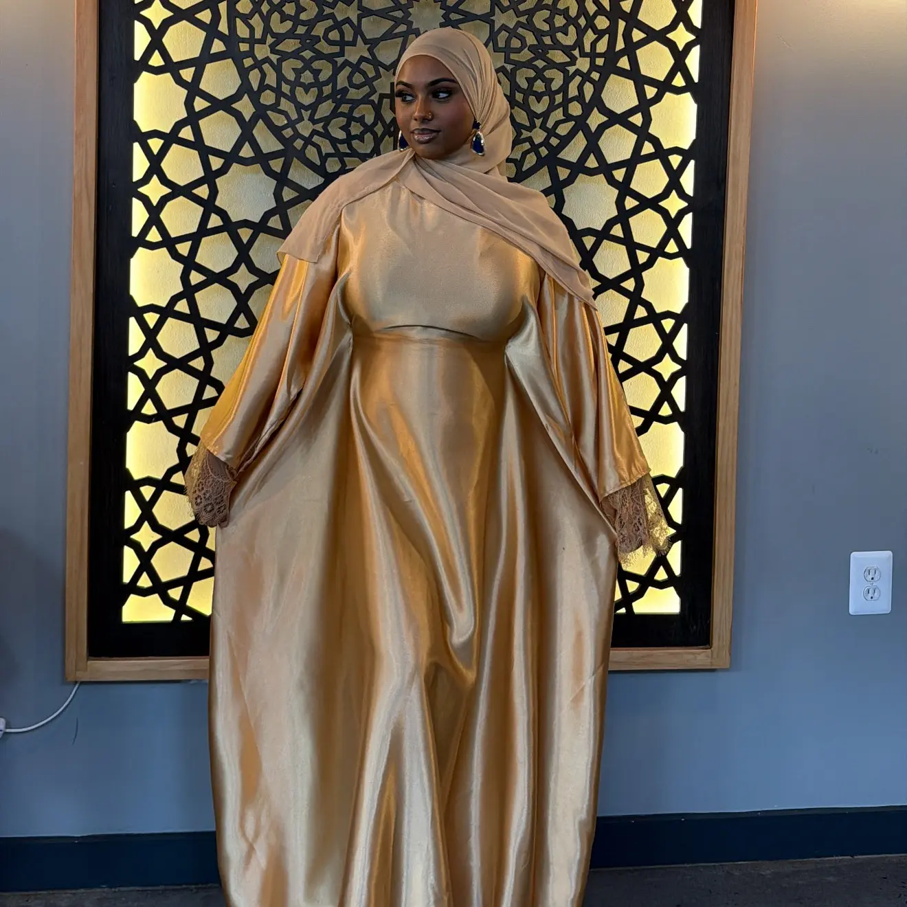AROLAKE Hawa Satin Silk Boubou with Lace Sleeves