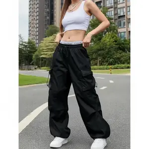 Y2K Parachute Black Pants Women Hippie Streetwear Oversize Pockets Cargo Trousers Harajuku Wide Leg Baggy Sweatpants