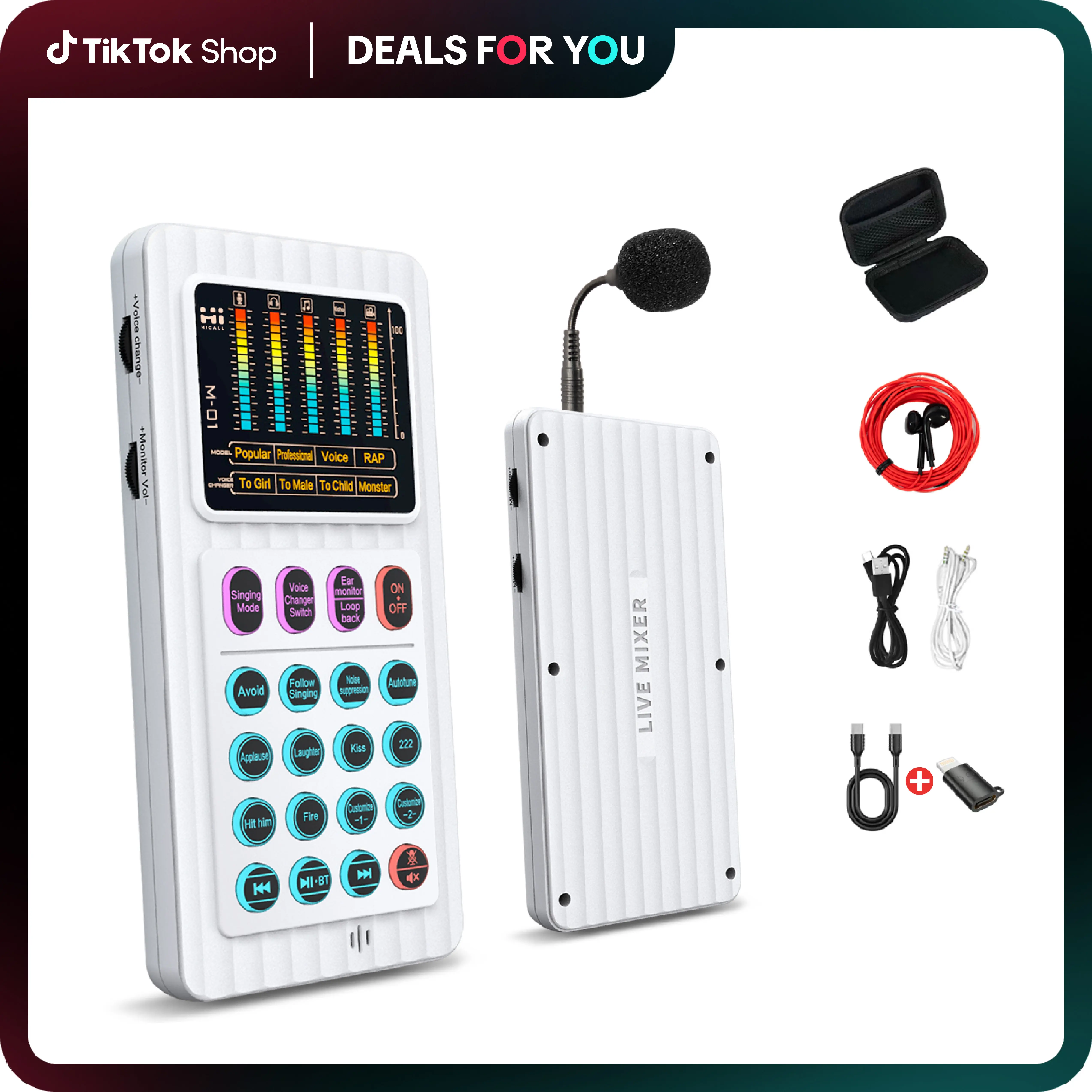 M01 Portable Live Streaming Sound Card Audio Interface (M01*1) with Built-in Microphone, Easy Setup, 2 Customizable Effects, 4 Voice Changers (64 Pitch Styles), Follow-Singing Feature, OTG Cable, 3.5mm Cable*1, Travel Bag for Singing, Interviews