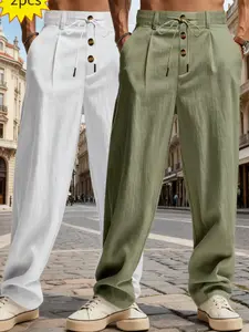 2-piece men's lightweight linen Elastic Waist Drawstring casual sport straight-leg solid-colored Plain Pocket trouser pants, fashionable linen pants for spring, summer and autumn - suitable for fishing, hiking, golf and outdoor activities Menswear