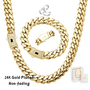 14K High Quality Gold-Plated Miami Link Cuban Necklace & Bracelet Set Waterproof Abrasion-Resistant Fade-Resistant 6/8/10/12/14mm Widths for Men & Women Gift Box Included Perfect Gift Jewelry