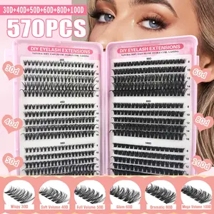 Cluster Eyelash Extensions Kit, 570PCS Volume Fluffy Lash Clusters, 8-16mm Individual Lashes Kit with Eyelash Bond and Tweezers, Thick Eye Lash Clusters DIY Cat Eye Lashes Natural Looking