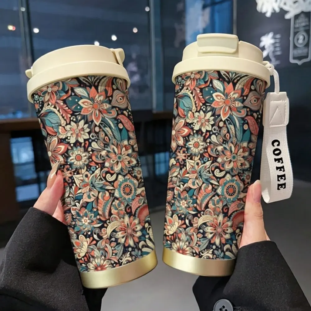 18Oz Floral Insulated Coffee Mug With Straw, Leakproof Travel Tumbler For Hot & Cold Drinks, Office Gift