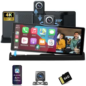 10.26 Inch Car Video Player, 1 Set 4K Car Video Player with 350° Rotatable Front Camera, Auto-Brightness Wireless Car Video Player, Carplay Android Auto, GPS Navigation, Dual BT, Voice Control