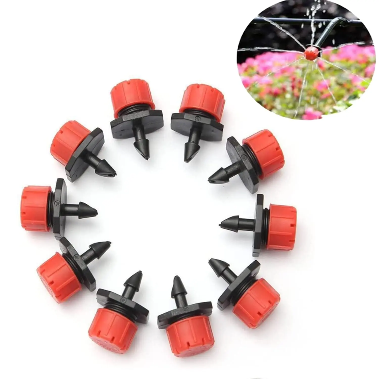 100 count 360  Adjustable Irrigation Drippers Sprinklers, 1/4 Inch Emitters Drip for Watering System Drip Irrigation System Gardens Lawn