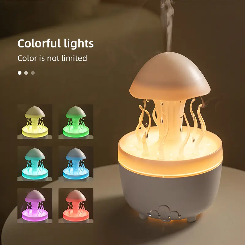 360-Degree Rotating Raindrop Mist Humidifier - Household Aromatherapy Diffuser with Colorful Night Light, Remote Control, Desktop Mushroom Water Grass Design