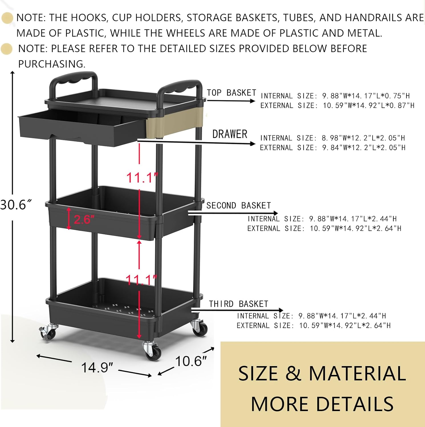 3 Tier Rolling Utility Cart Organizer with Removable Drawer, Stable and Sturdy Black Rolling Storage Carts with 2 Lockable Wheels for Bathroom, Kitchen, Snack, Craft, Makeup, Baby Essentials 3 Tier Rolling Utility Cart Organizer with Removable Drawer, Stable and Sturdy Black Rolling Storage Carts with 2 Lockable Wheels for Bathroom, Kitchen, Snack, Craft, Makeup, Baby Essentials
