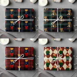 Tartan Teddy Bear Christmas Gift Wrap, Plaid Themed Holiday Wrapping Paper, Preppy Luxury Gift Wrap, Premium Seasonal Present Wrap