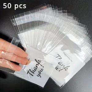 50-Pack Mini Gift Bags with Thank You Print, Small Self-Seal Opp Bags, Ideal for Gift Storage, Self-Adhesive Packaging Bags, Gift Wrapping Supplies