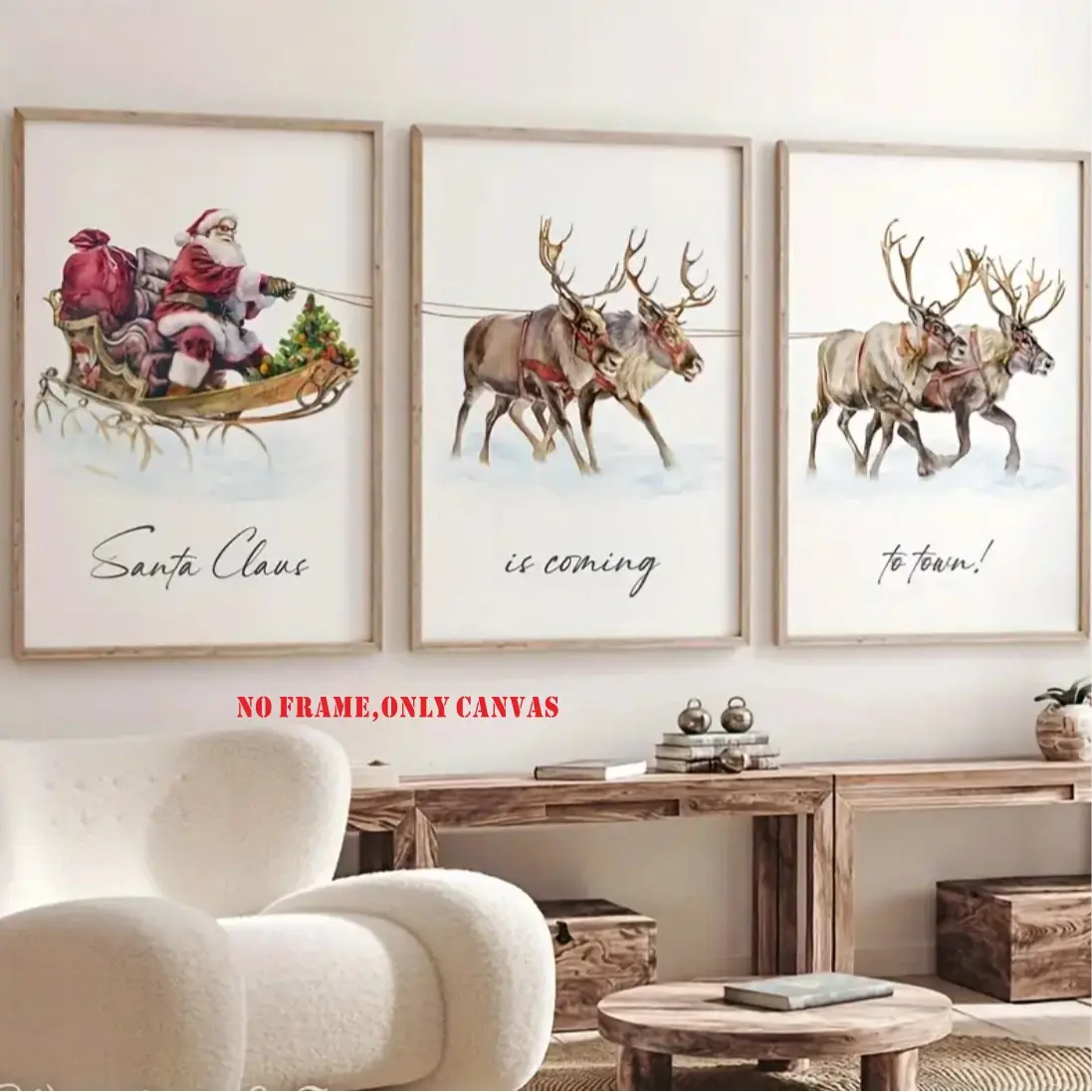 3-piece Santa Claus and Reindeer Winter Christmas Poster Gallery Wall Art Vintage Design Christmas Oil Painting Canvas Print Unframed Art Print, Ideal Gift for Dorms, Apartments, Hotels, Living Rooms, Bedrooms, and Home Decor, Frameless